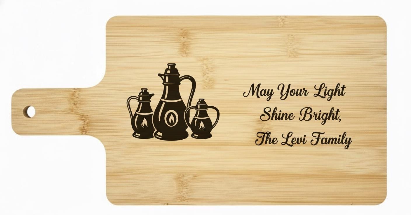 Personalized Hanukkah cutting board by The Present Spot, engraved with oil lamps and family name on acacia wood.