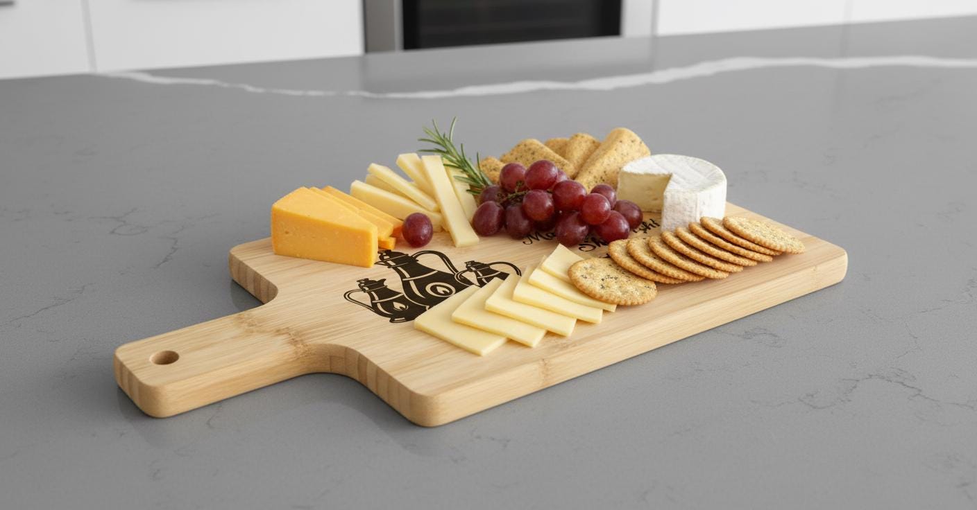 Personalized Hanukkah cutting board with engraved oil lamps and family name, made of acacia wood, perfect Jewish gift.