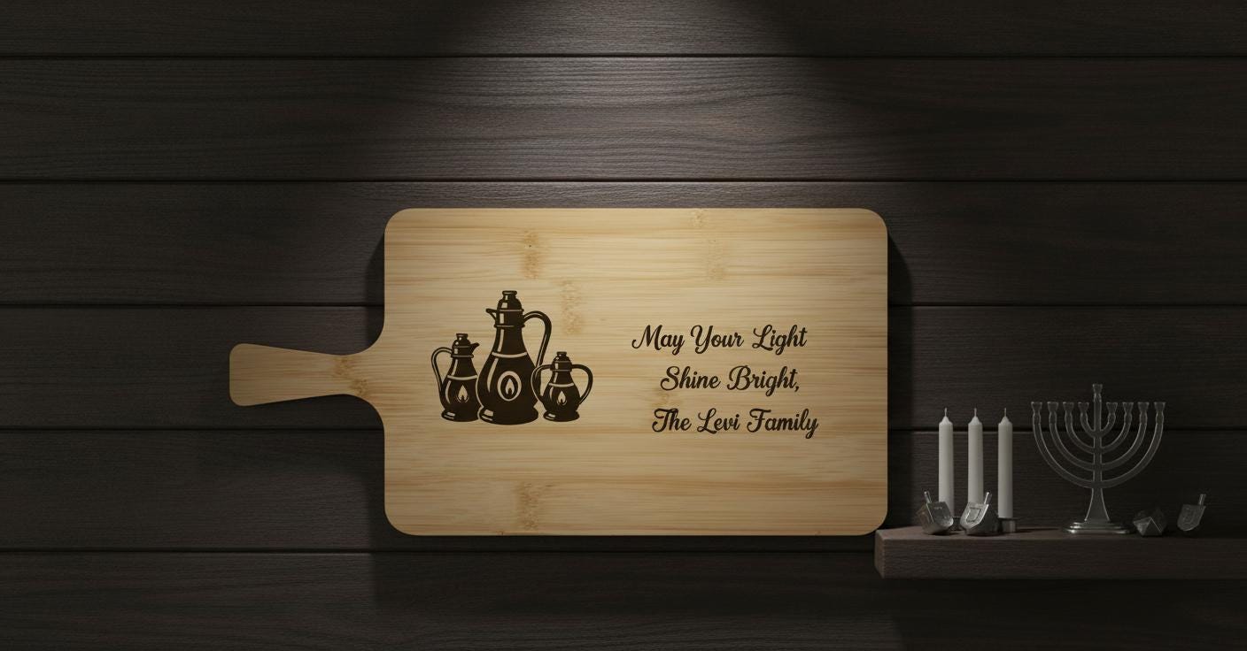 Personalized Hanukkah cutting board from The Present Spot, engraved oil lamps and family name on acacia wood, ideal Jewish gift.