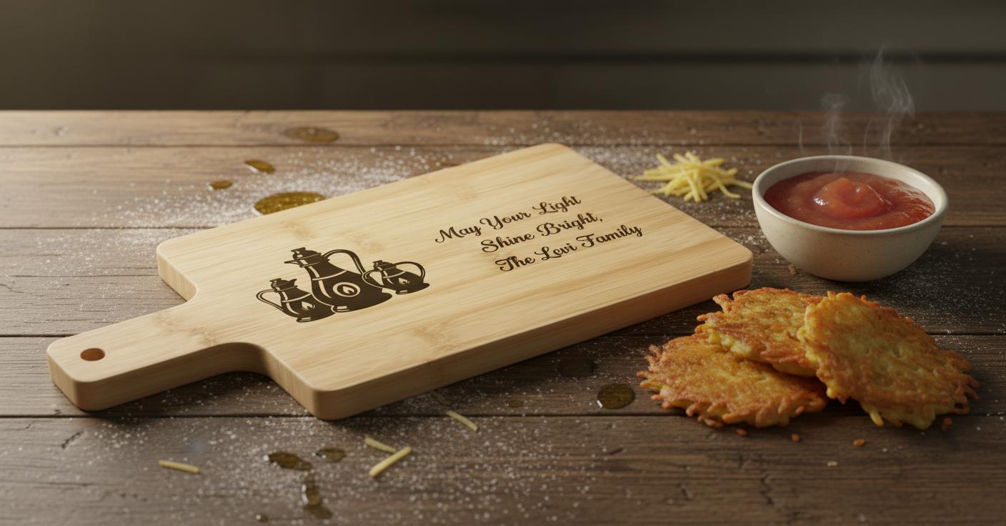 Personalized Hanukkah cutting board by The Present Spot, engraved oil lamps and family name on acacia wood, perfect Jewish gift.