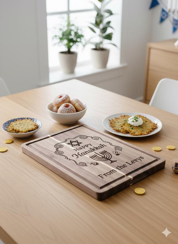 Personalized Hanukkah serving board with engraved menorah design on acacia wood, 14x10 inches, by The Present Spot.