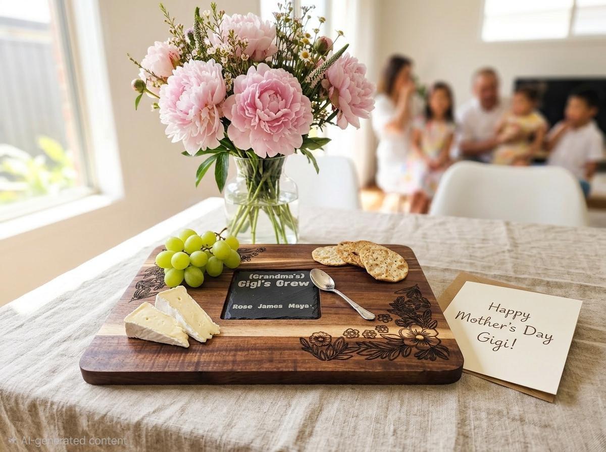 Personalized serving board by The Present Spot with slate inlay, showcasing a stylish and functional cutting board for special occasions.