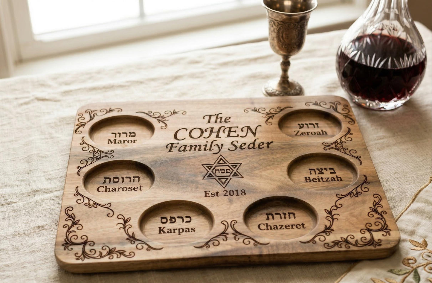 Custom engraved wooden Passover Seder plate cutting board by The Present Spot, personalized family Pesach tray with detailed engravings.