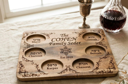Custom engraved wooden Passover Seder plate cutting board by The Present Spot, personalized family Pesach tray with detailed engravings.