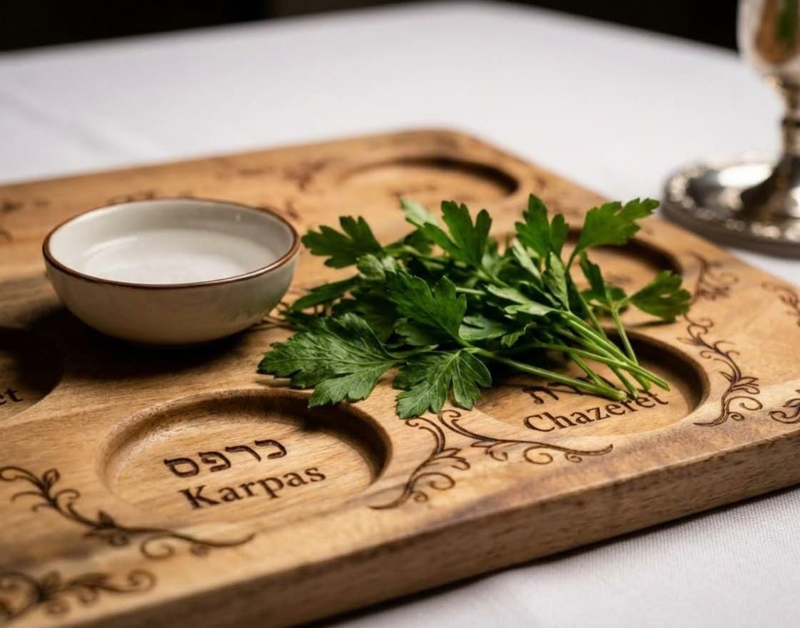 Custom engraved wooden Passover Seder plate cutting board by The Present Spot, personalized family Pesach tray with intricate engraving.