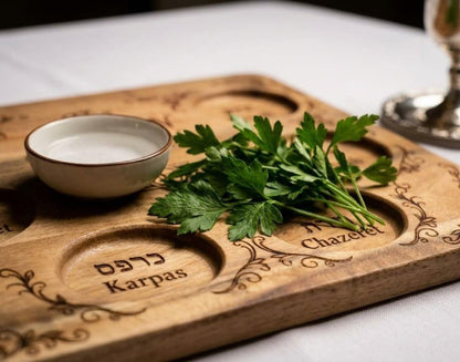 Custom engraved wooden Passover Seder plate cutting board by The Present Spot, personalized family Pesach tray with intricate engraving.