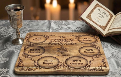 Custom engraved wooden Passover Seder plate, personalized family Pesach tray, wooden cutting board with detailed engravings.