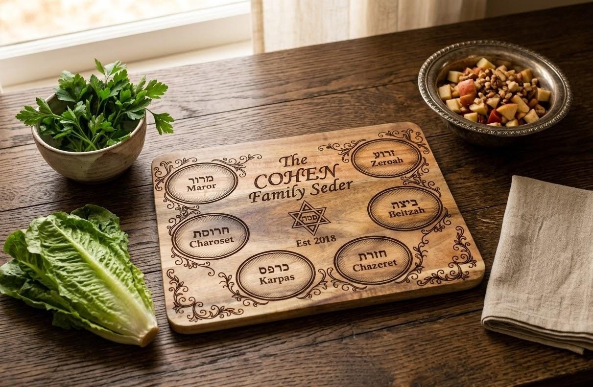 Custom engraved wooden Passover Seder plate cutting board with personalized family Pesach tray by The Present Spot.