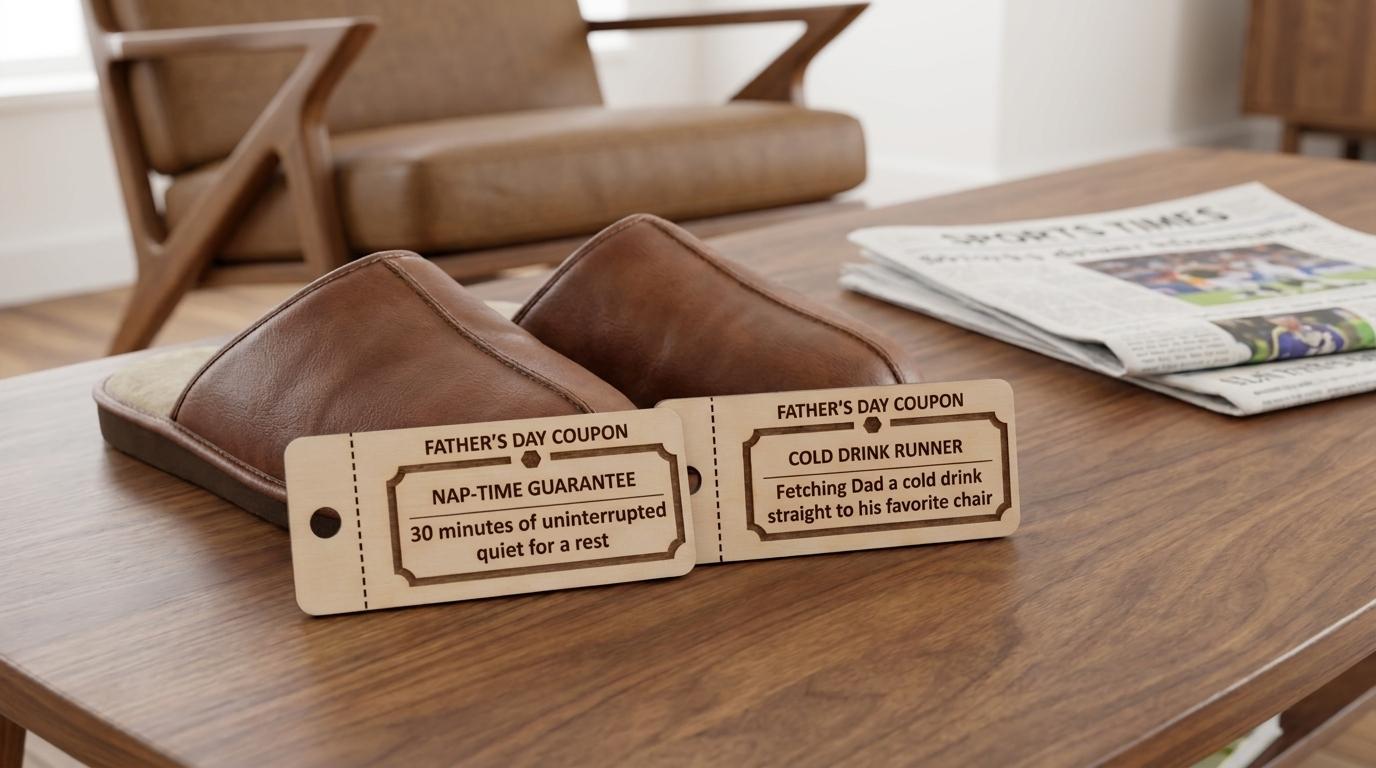 Personalized wooden Father's Day coupons tokens from The Present Spot, featuring custom gift tokens for kids and teens.