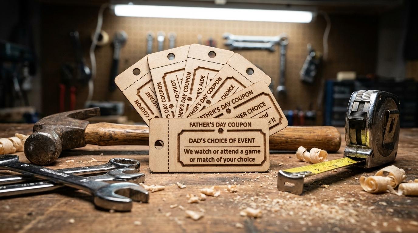 Personalized wooden Father's Day coupons from The Present Spot, featuring 10 custom tokens with kids and teens' messages.