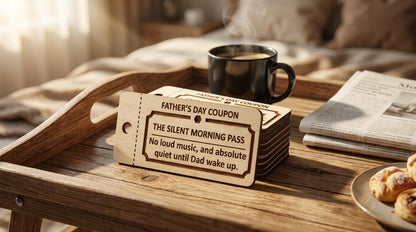 Personalized wooden Father's Day coupons from The Present Spot, featuring 10 custom tokens for kids and teens.