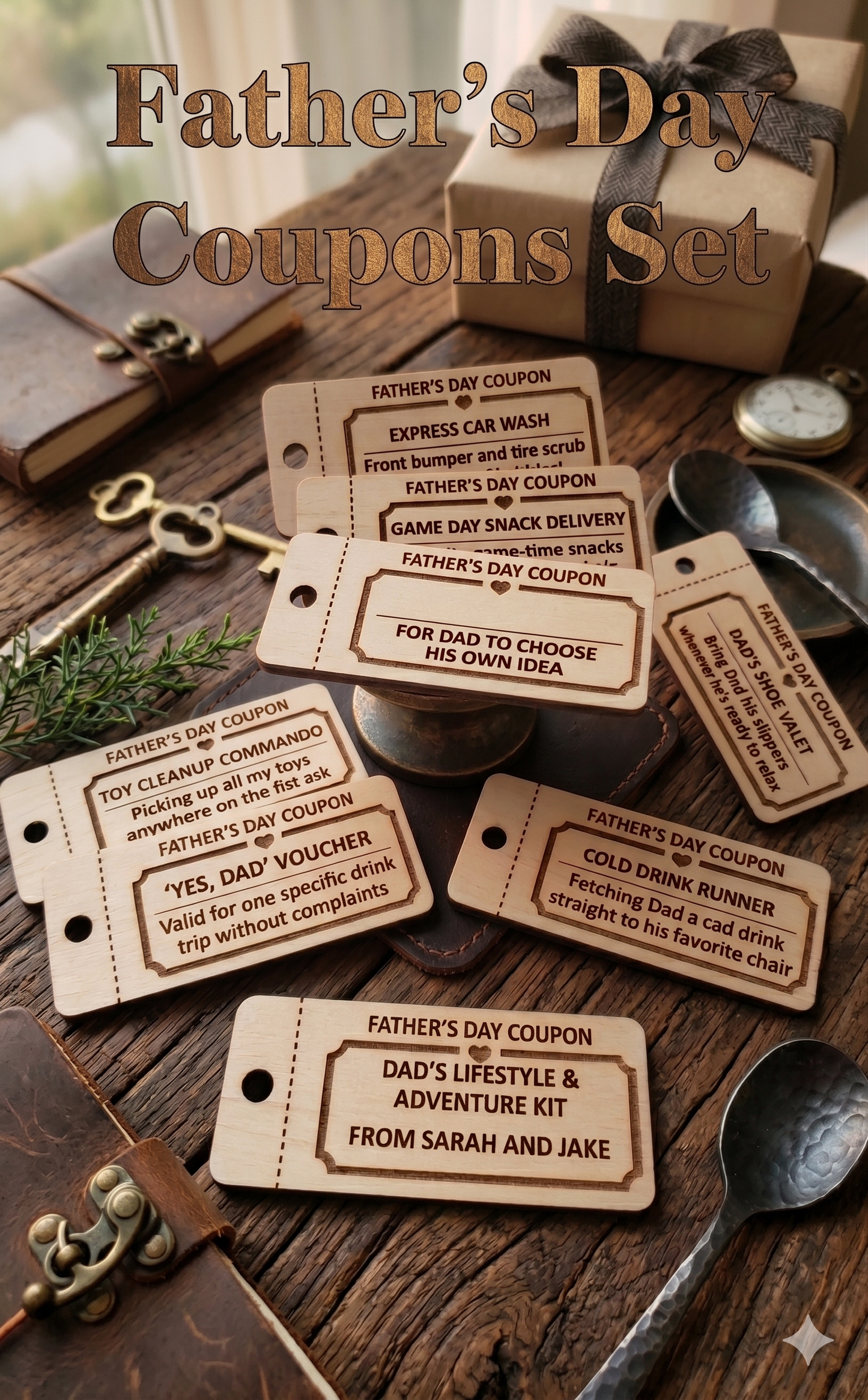 Personalized wooden Father’s Day coupons from The Present Spot, featuring 10 custom tokens for kids and teens.