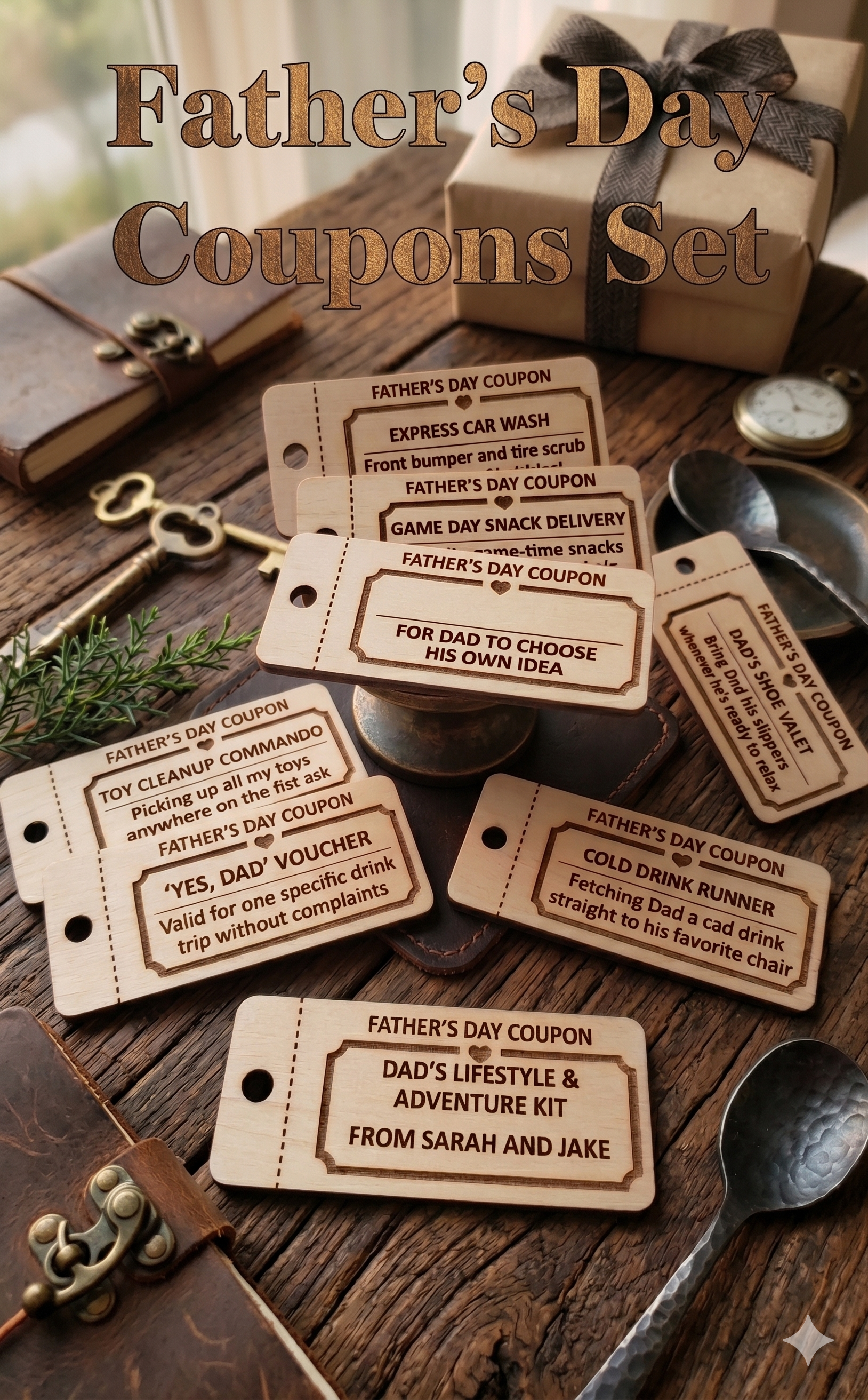 Personalized wooden Father’s Day coupons from The Present Spot, featuring 10 custom tokens for kids and teens.