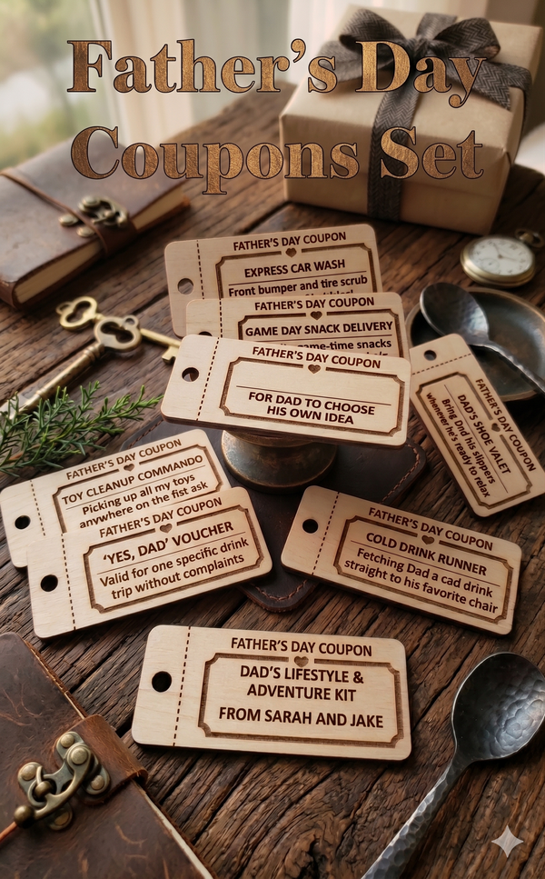 Personalized wooden Father’s Day coupons from The Present Spot, featuring 10 custom tokens for kids and teens.