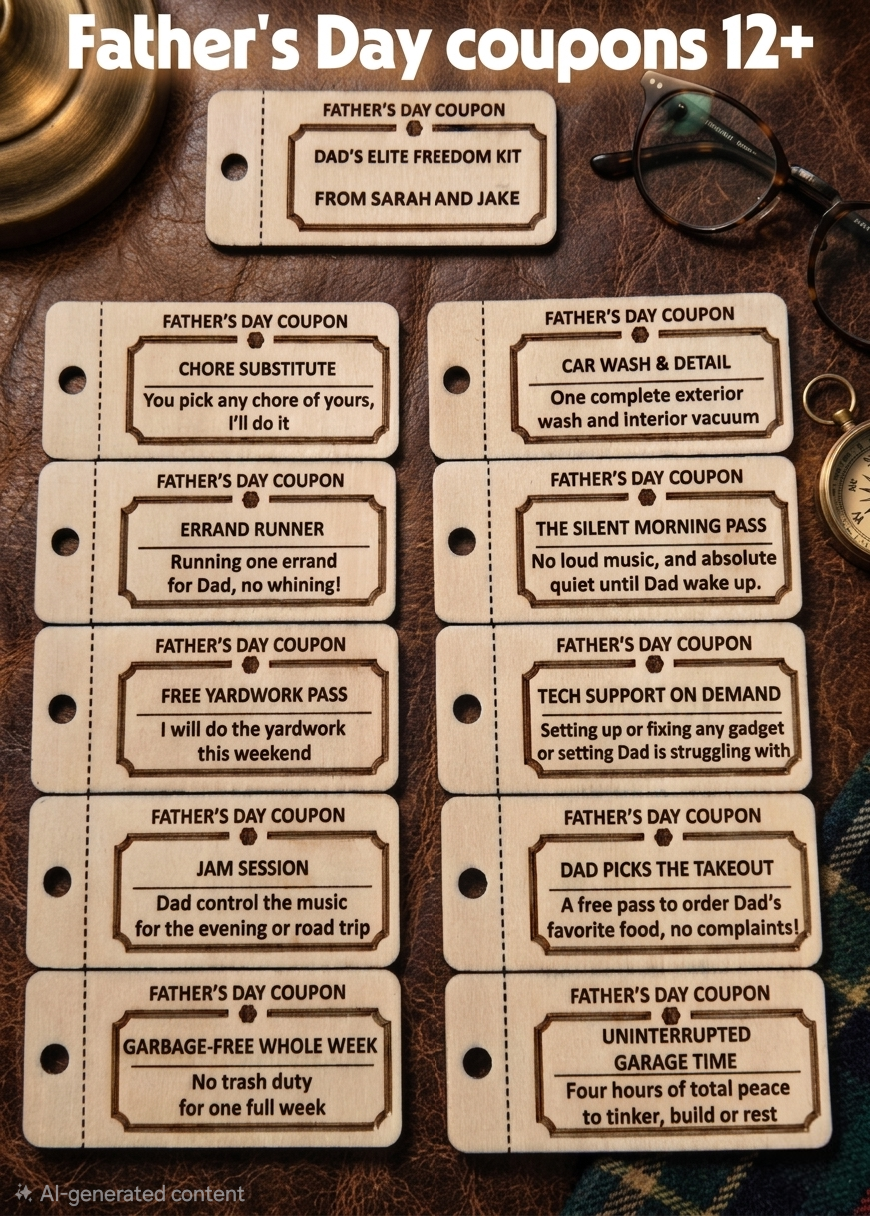 Personalized wooden Father's Day coupons from The Present Spot, featuring 10 custom tokens with gift and activity options for kids and teens.