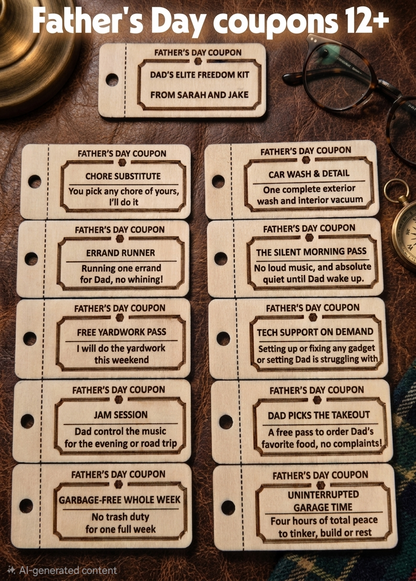 Personalized wooden Father's Day coupons from The Present Spot, featuring 10 custom tokens with gift and activity options for kids and teens.
