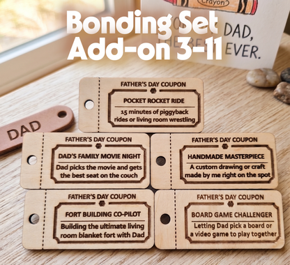 Personalized wooden Father's Day coupons from The Present Spot, featuring custom tokens with kids and teens’ messages.