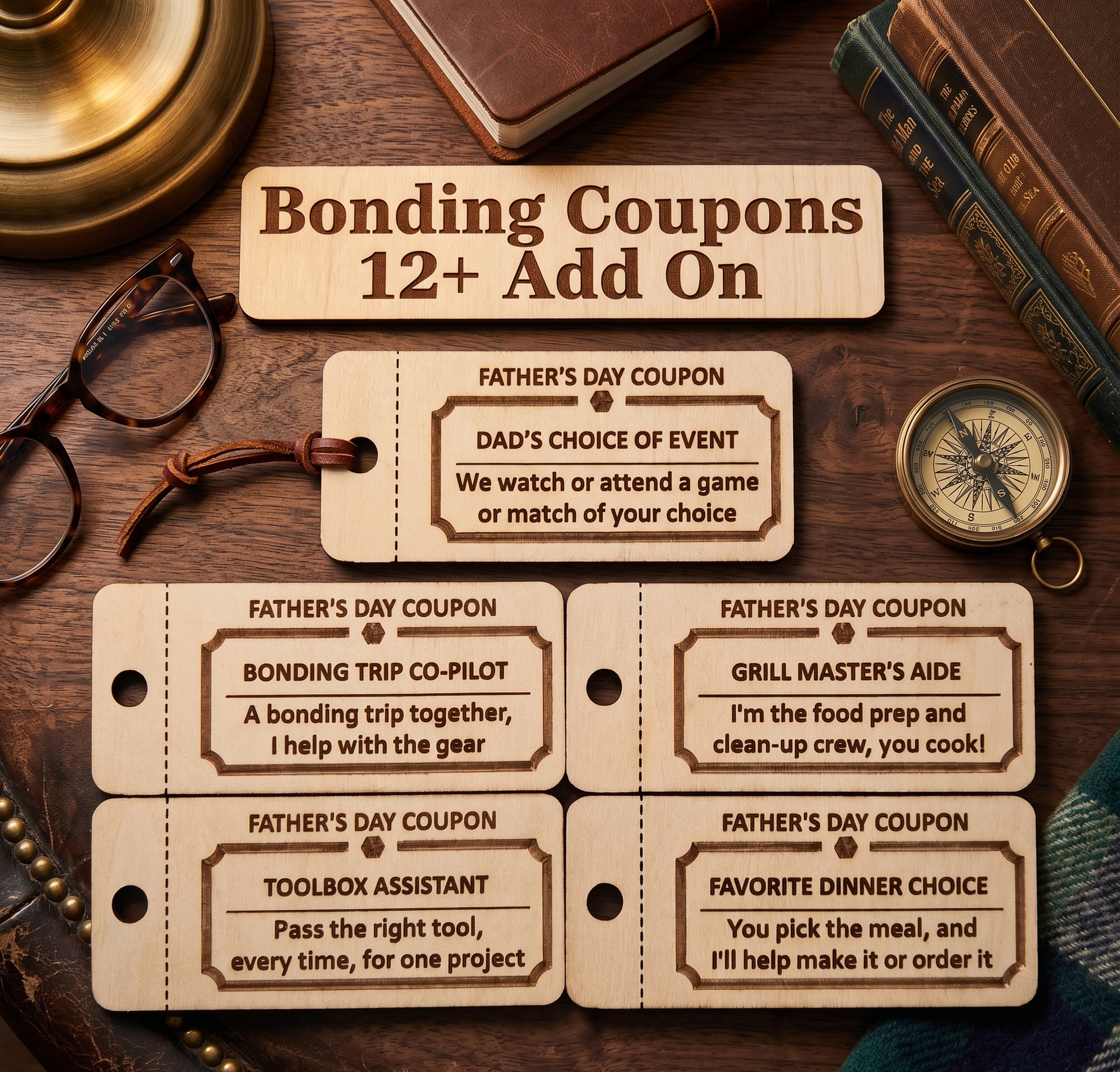 Personalized wooden Father's Day coupons from The Present Spot, featuring 10 custom tokens with kids and teens' messages.