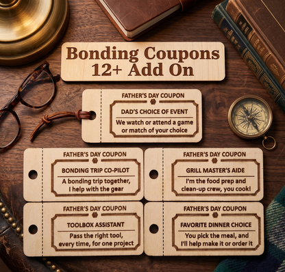 Personalized wooden Father's Day coupons from The Present Spot, featuring 10 custom tokens with kids and teens' messages.