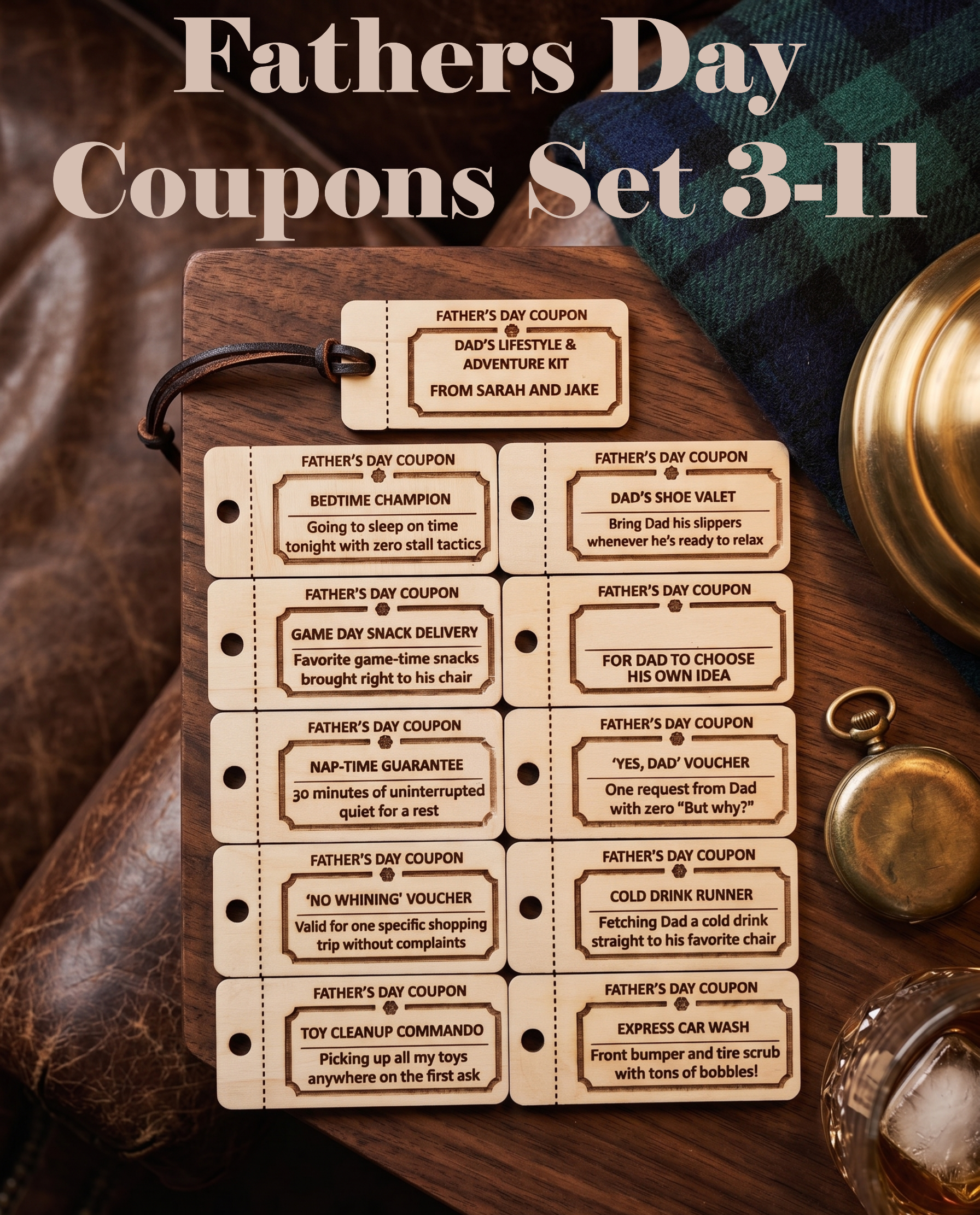 Personalized wooden Father's Day coupons from The Present Spot, featuring 10 custom tokens for kids and teens.
