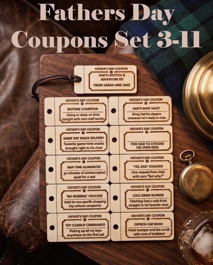 Personalized wooden Father's Day coupons from The Present Spot, featuring 10 custom tokens for kids and teens.