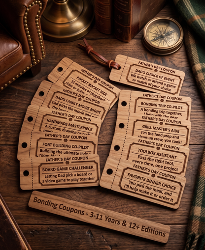 Personalized wooden Father's Day coupons from The Present Spot, featuring 10 custom tokens for kids and teens to gift dad.