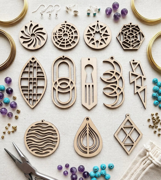 Wood Earring Maker Kit by The Present Spot with 20 blank wooden earrings, fishhooks, display cards, and bags for jewelry craft.