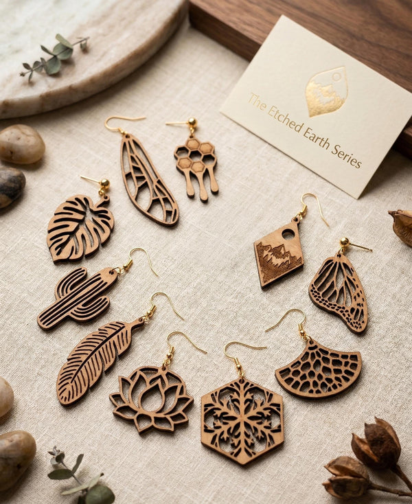 Set of 20 laser-cut wood earring blanks featuring leaf designs, from The Present Spot's Nature Series jewelry supplies.