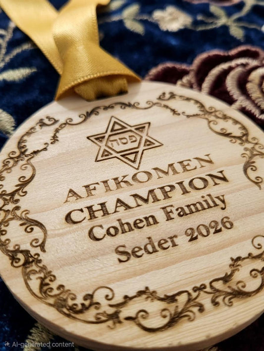 Custom engraved Afikomen Champion Medal from The Present Spot, featuring a detailed medal with personalized Seder tradition design.