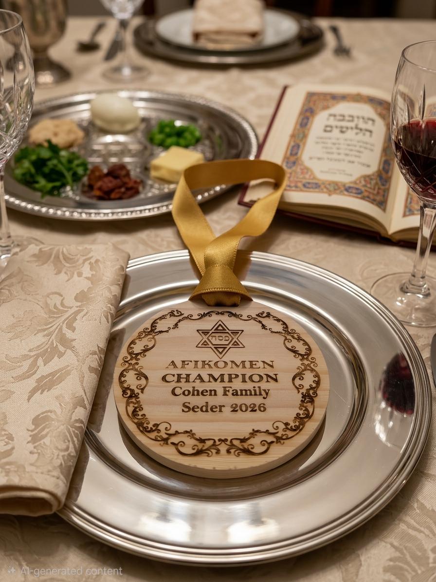 Custom engraved Afikomen Champion medal from The Present Spot, featuring personalized Seder tradition design and detailed medal engraving.