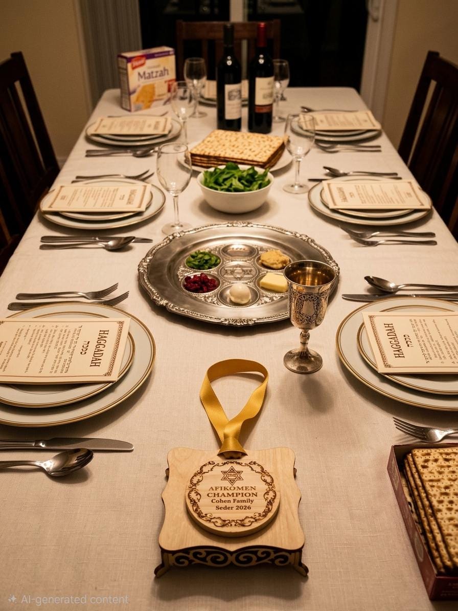 Custom engraved Afikomen Champion medal from The Present Spot featuring personalized Seder tradition design with detailed engraving.