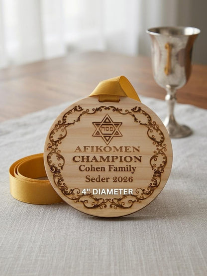 Custom engraved Afikomen Champion medal from The Present Spot, featuring a detailed design for Seder tradition celebration.