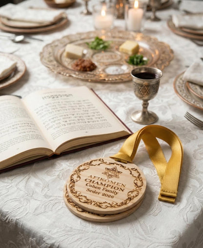 Custom engraved Afikomen Champion medal from The Present Spot, featuring a detailed medal with personalized Seder tradition design.