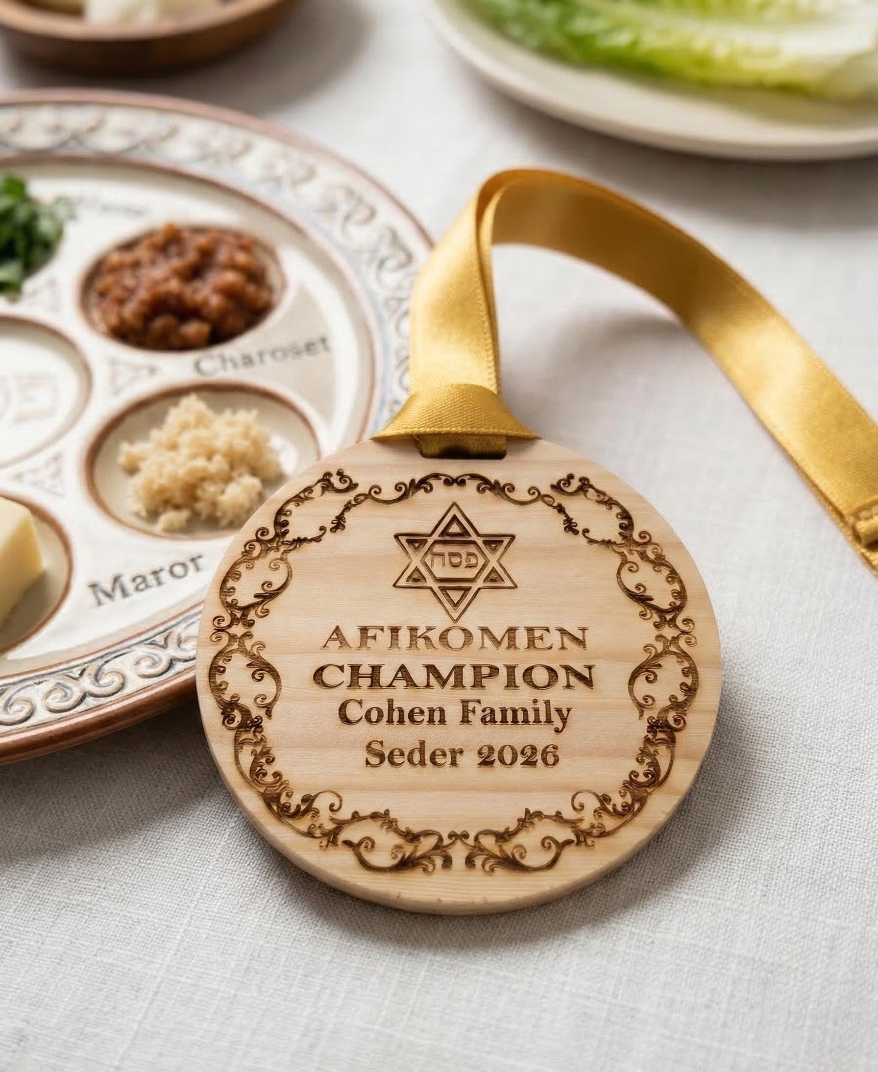 Custom engraved Afikomen Champion medal by The Present Spot, featuring personalized Seder tradition design with intricate details.