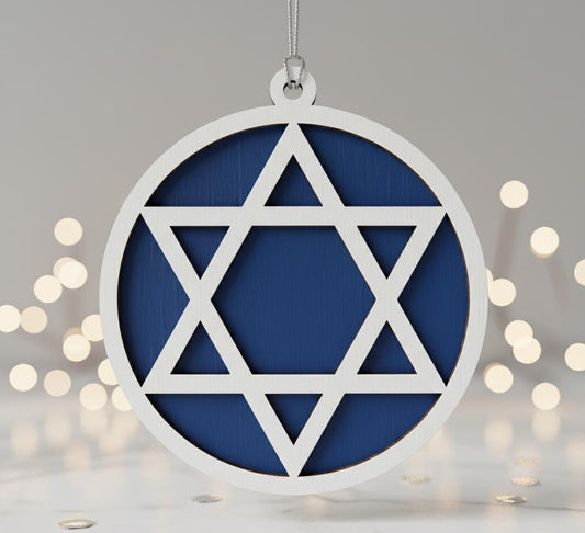 Blue and white Hanukkah ornament featuring David's star, made by The Present Spot for Jewish holiday decoration.