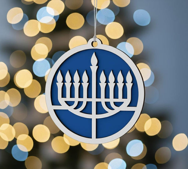 Laser-cut wooden Hanukkah Hanukkiah ornament painted blue and white, featuring layered design and detailed craftsmanship.