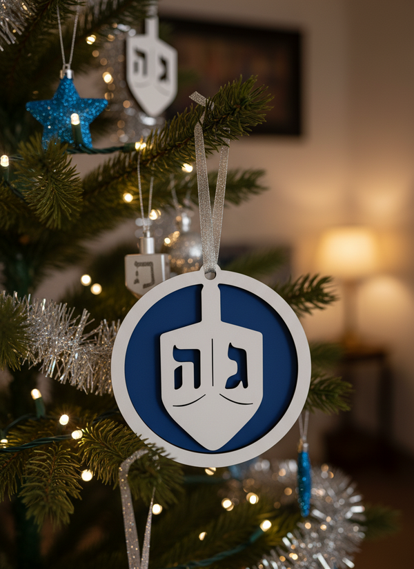 Two-layered Hanukkah Dreidel ornament made of laser-cut wood in blue and white, unpainted and natural for festive decoration.