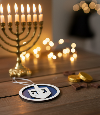 Unpainted two-layered Hanukkah Dreidel ornament in laser-cut wood with blue and white design, perfect for Hanukkah decorations.