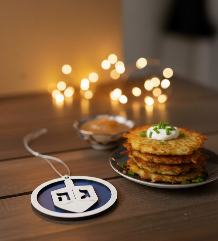 Unpainted two-layered Hanukkah dreidel ornament made of laser-cut wood in blue and white, perfect for holiday decorations.