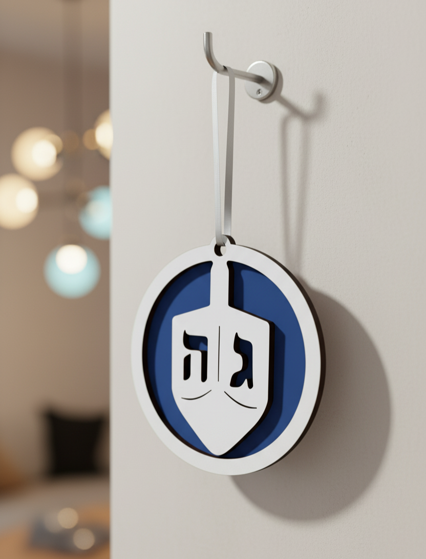 Unpainted two-layered Hanukkah Dreidel ornament made of laser-cut wood in blue and white, perfect for holiday decoration.