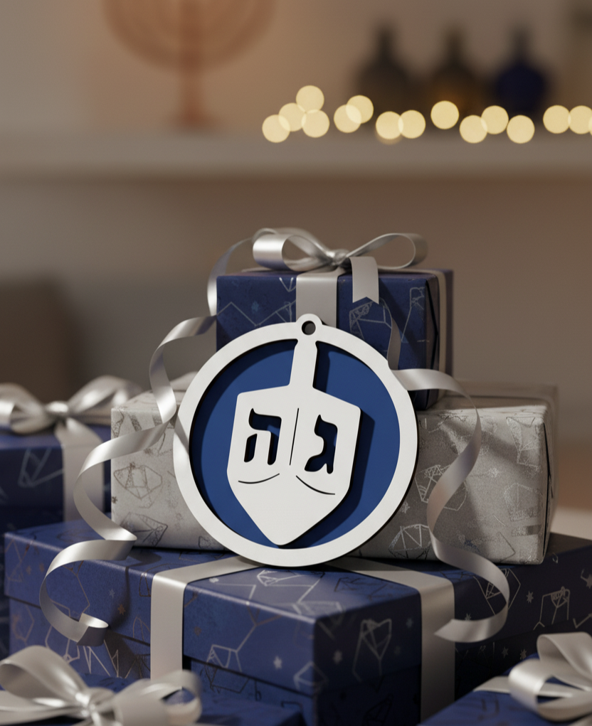 Unpainted two-layered Hanukkah dreidel ornament made of laser-cut wood in blue and white, suitable for holiday decor.
