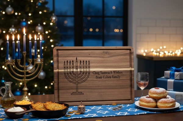 Custom Hanukkah serving board by The Present Spot, personalized acacia wood cutting board with menorah design, 14x10 inches.