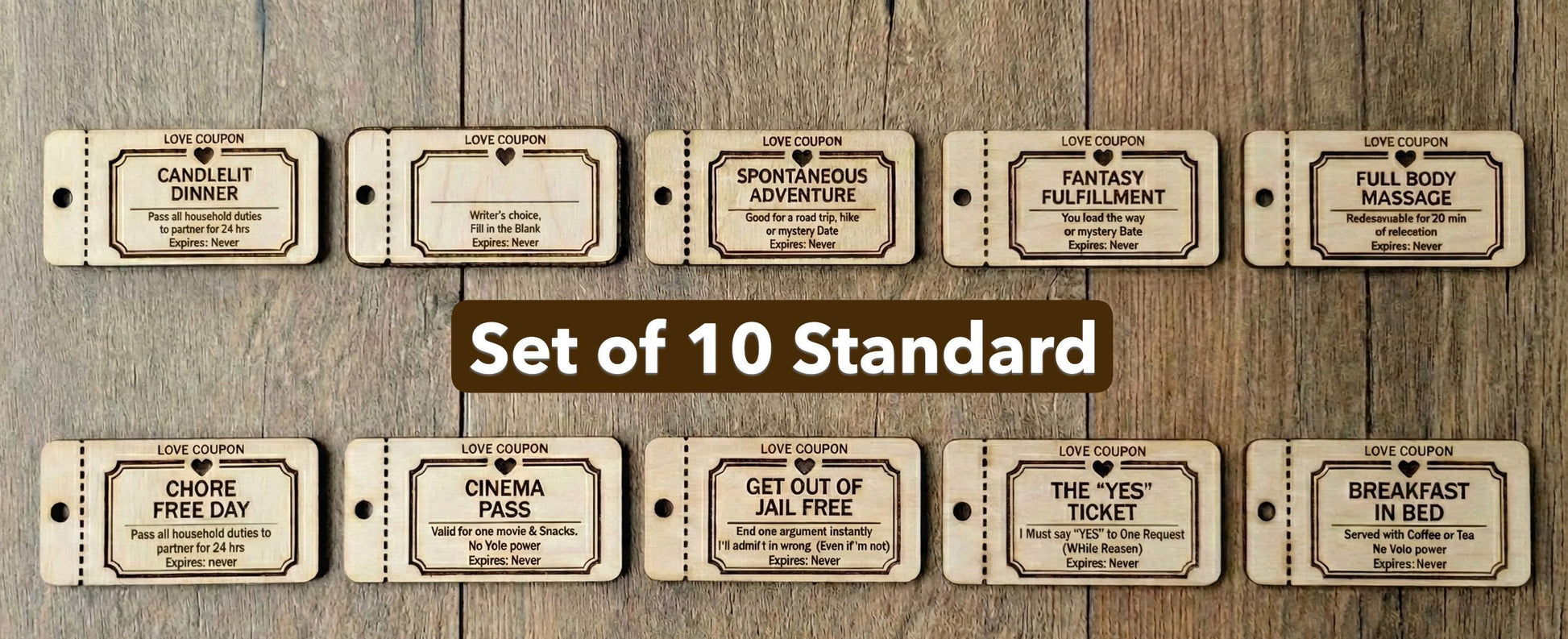 Set of 10 personalized wooden love coupons from The Present Spot, featuring custom date night vouchers and tokens.