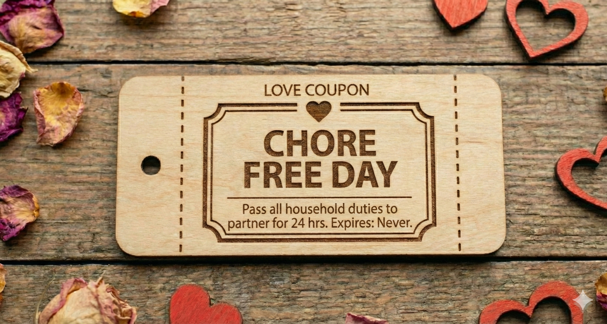 Set of 10 personalized wooden love coupons for date night, featuring custom messages and tokens from The Present Spot.