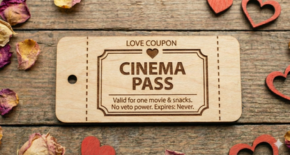 Set of 10 personalized wooden love coupons from The Present Spot featuring custom date night vouchers and tokens.