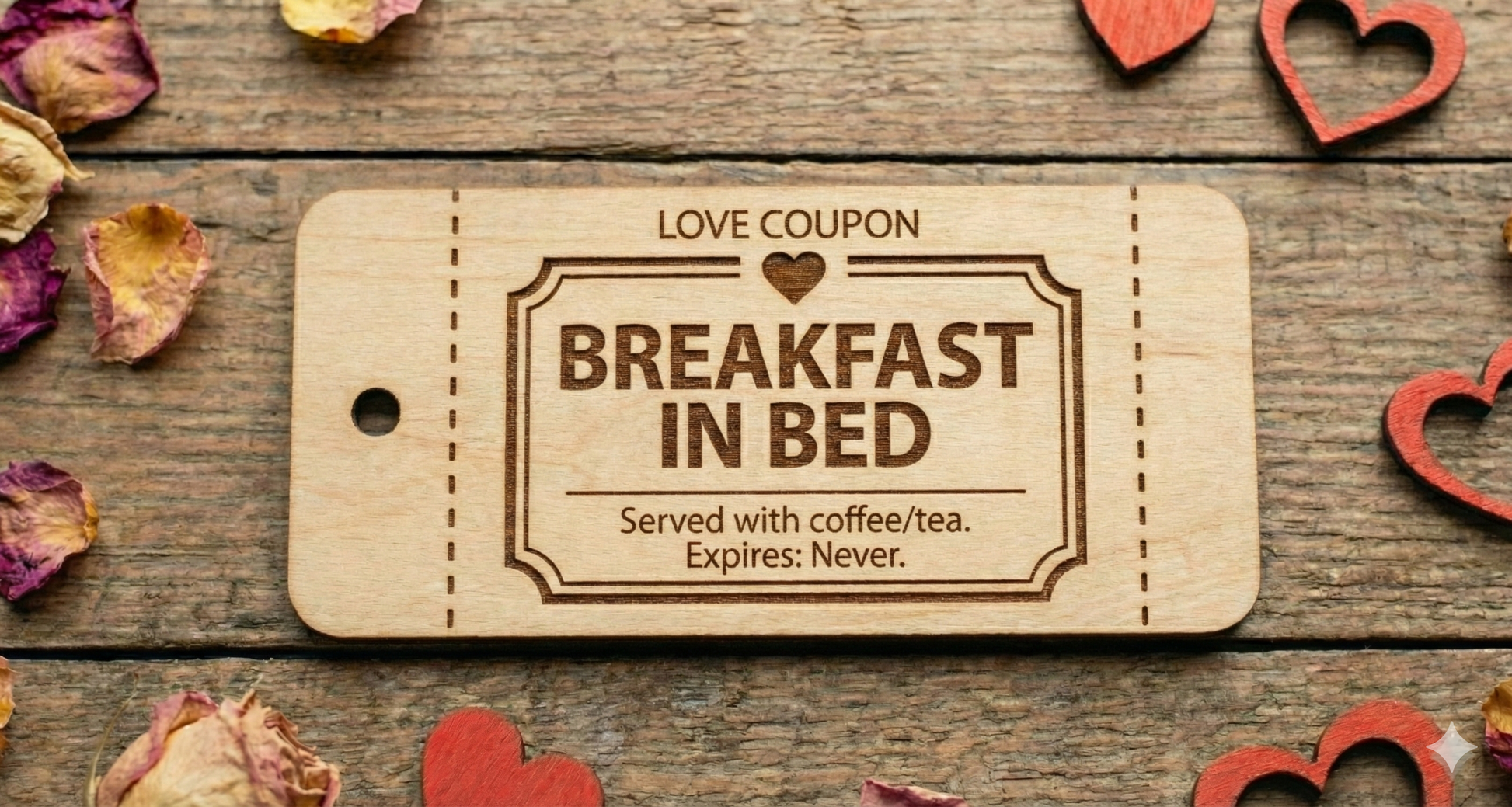 Set of 10 personalized wooden love coupons from The Present Spot, featuring custom date night vouchers and tokens with engraved messages.