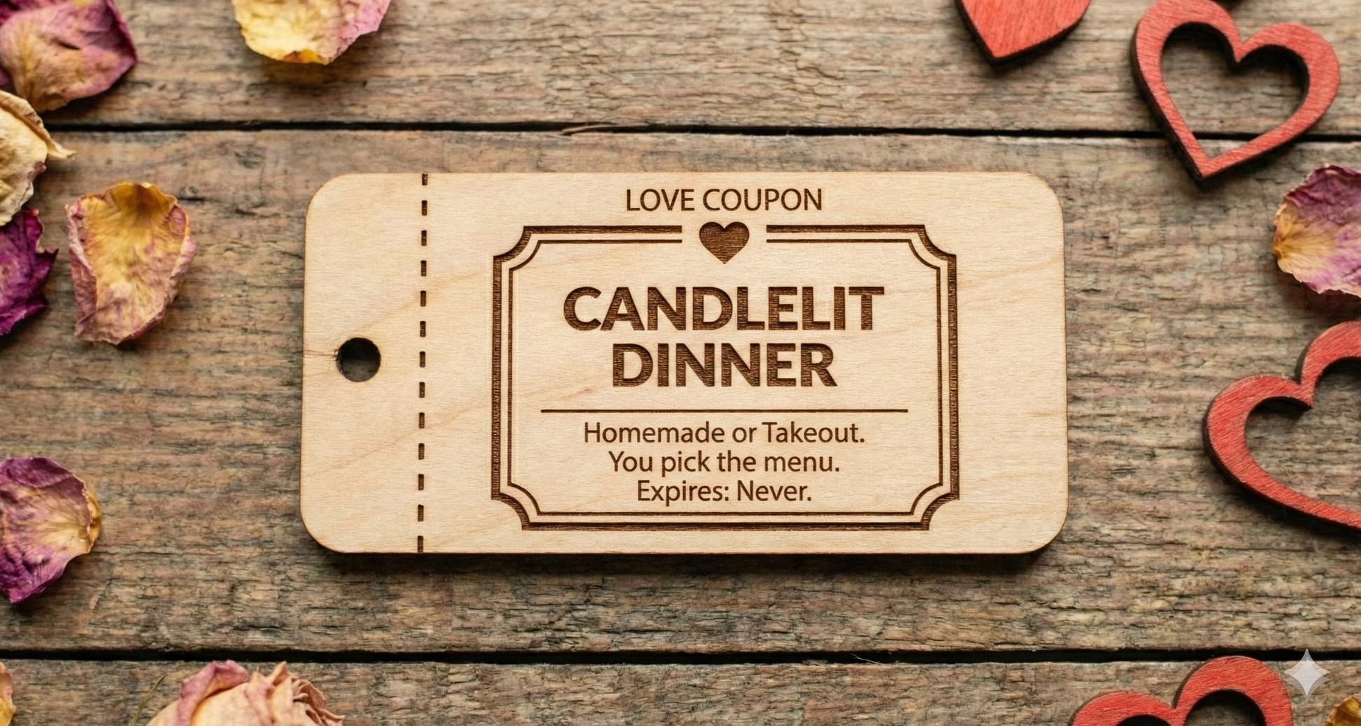 Set of 10 personalized wooden love coupons from The Present Spot, including custom date night vouchers and tokens.
