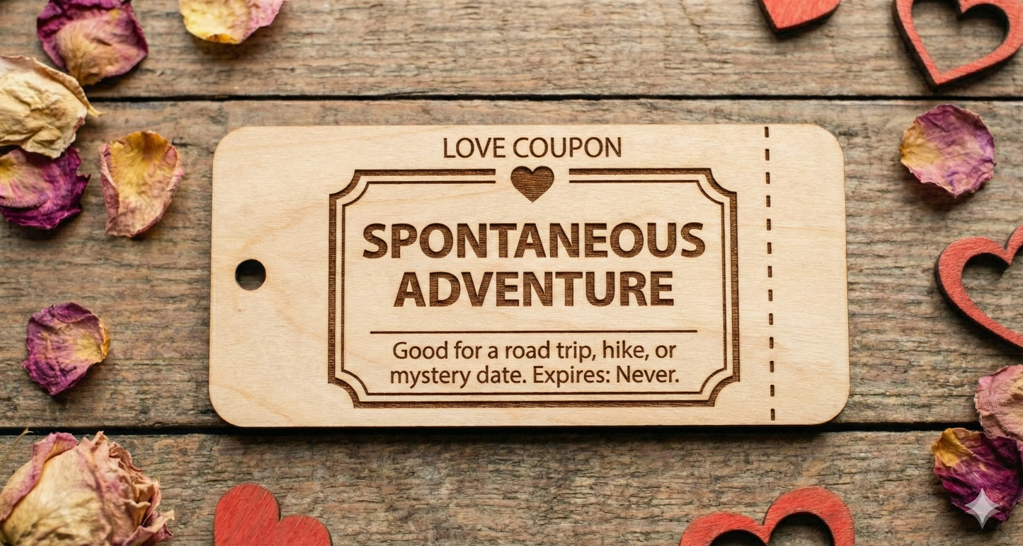 Set of 10 personalized wooden love coupons from The Present Spot, featuring custom date night vouchers and tokens.