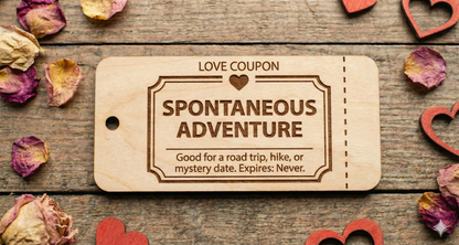 Set of 10 personalized wooden love coupons from The Present Spot, featuring custom date night vouchers and tokens.