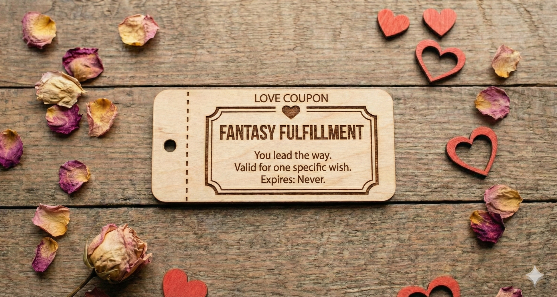 Set of 10 personalized wooden love coupons from The Present Spot, featuring custom date night vouchers and tokens.